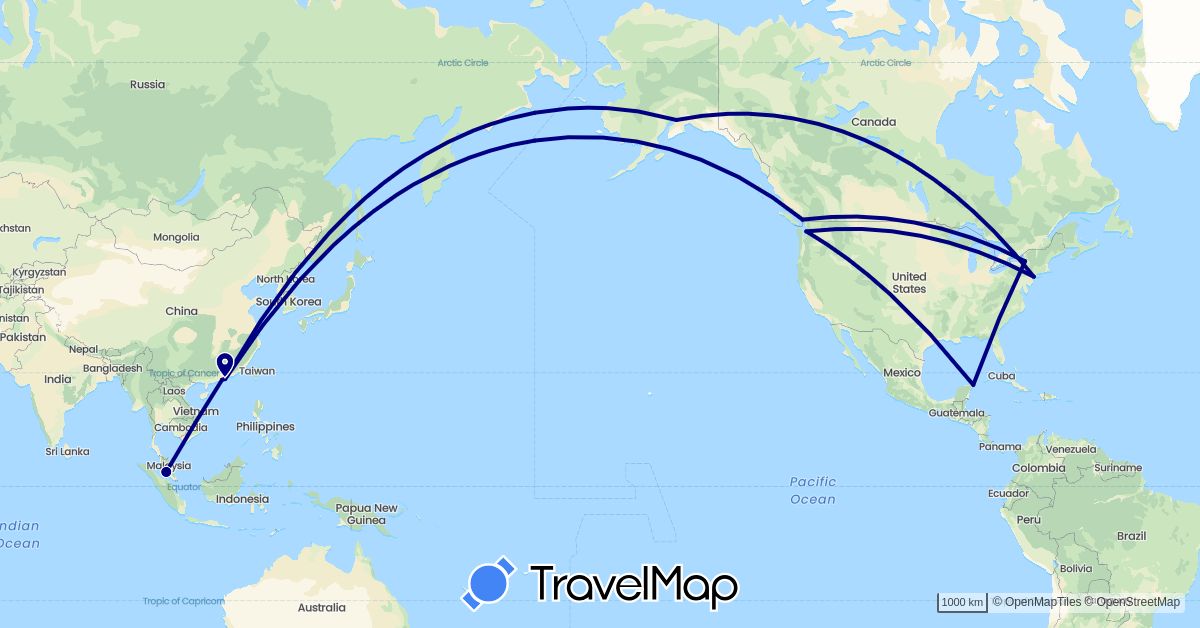 TravelMap itinerary: driving in Canada, China, Mexico, Malaysia, United States (Asia, North America)